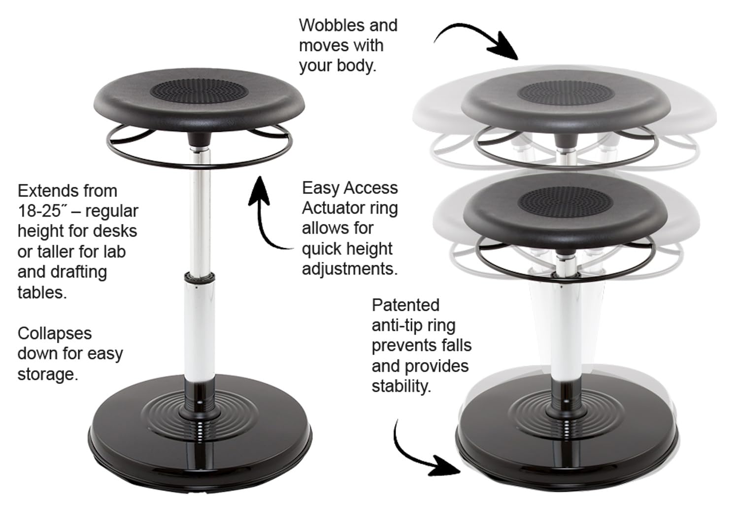 Kore Design Teen/College Hi-Rise Adjustable Wobble Chair 21-31.5 inches, Black