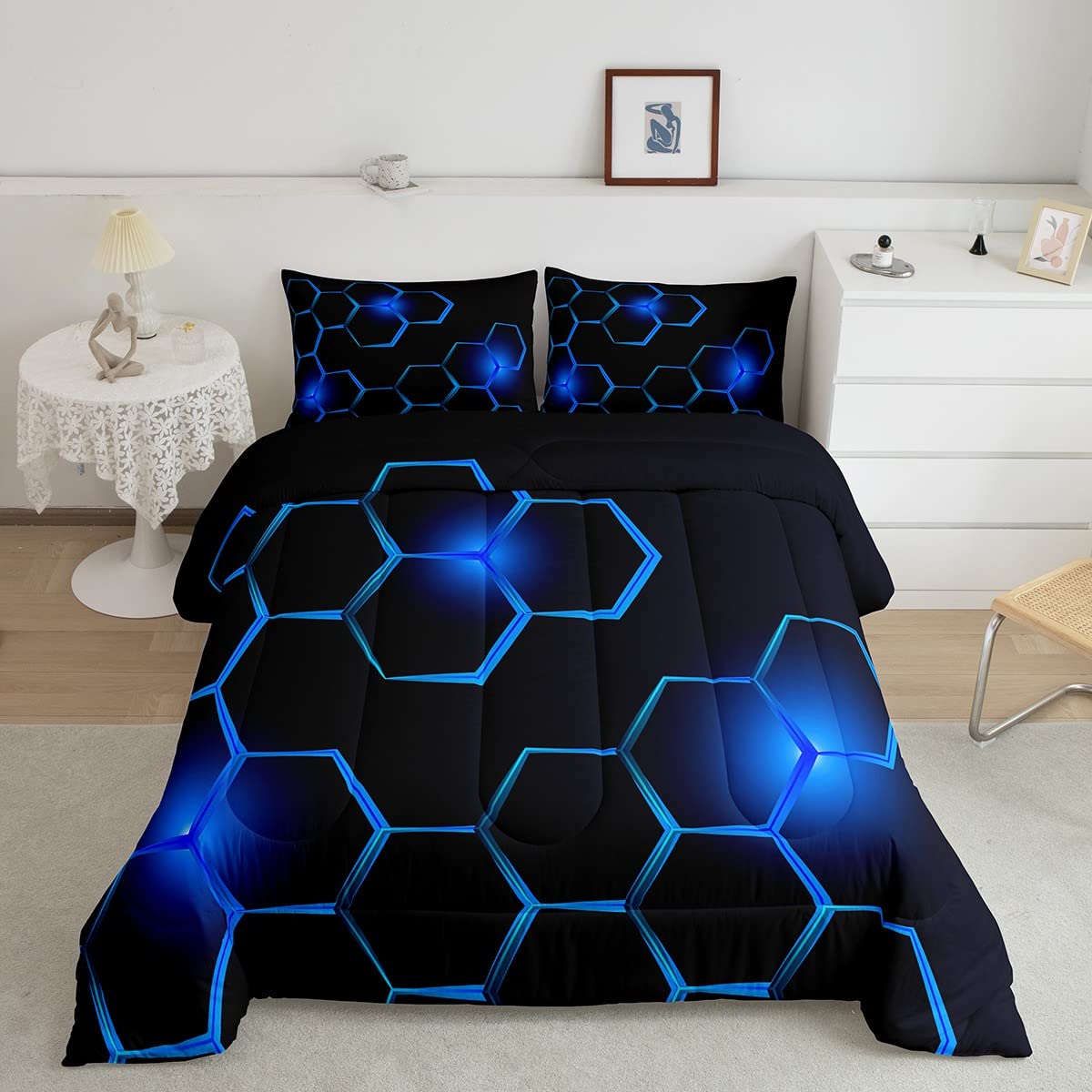 Honeycomb Kids Comforter Set Modern Geometry Hexagon Bedding Set for Boys Children Teens Bedroom Decor Geometrical Comforter Bee