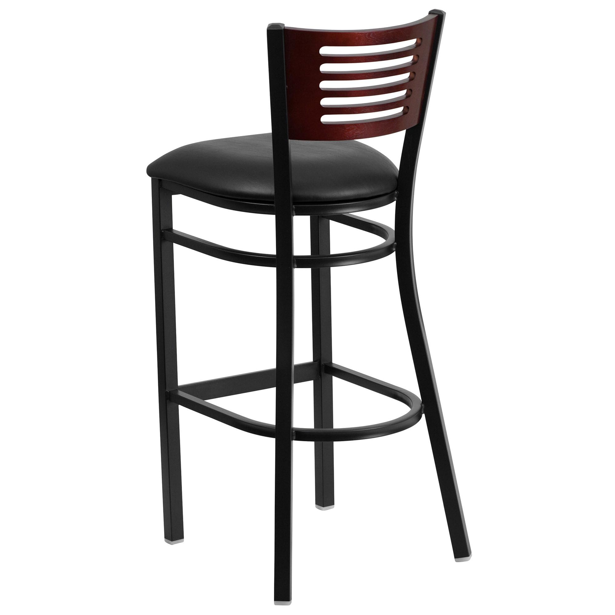 Flash Furniture Hercules Series Black Slat Back Metal Restaurant Barstool - Mahogany Wood Back, Black Vinyl Seat