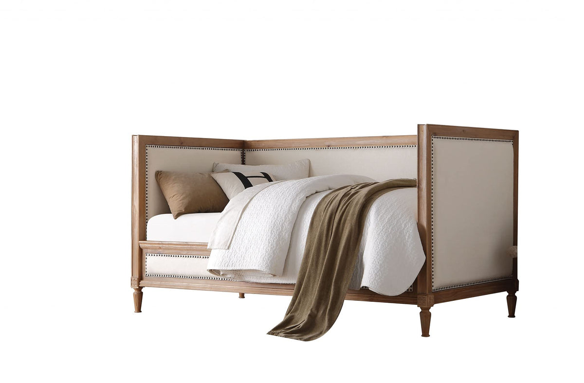 HomeRoots Cream Linen and Oak Wood, Upholstery, Composite Wood Oak and Linen Nail Head Trim Twin Daybed