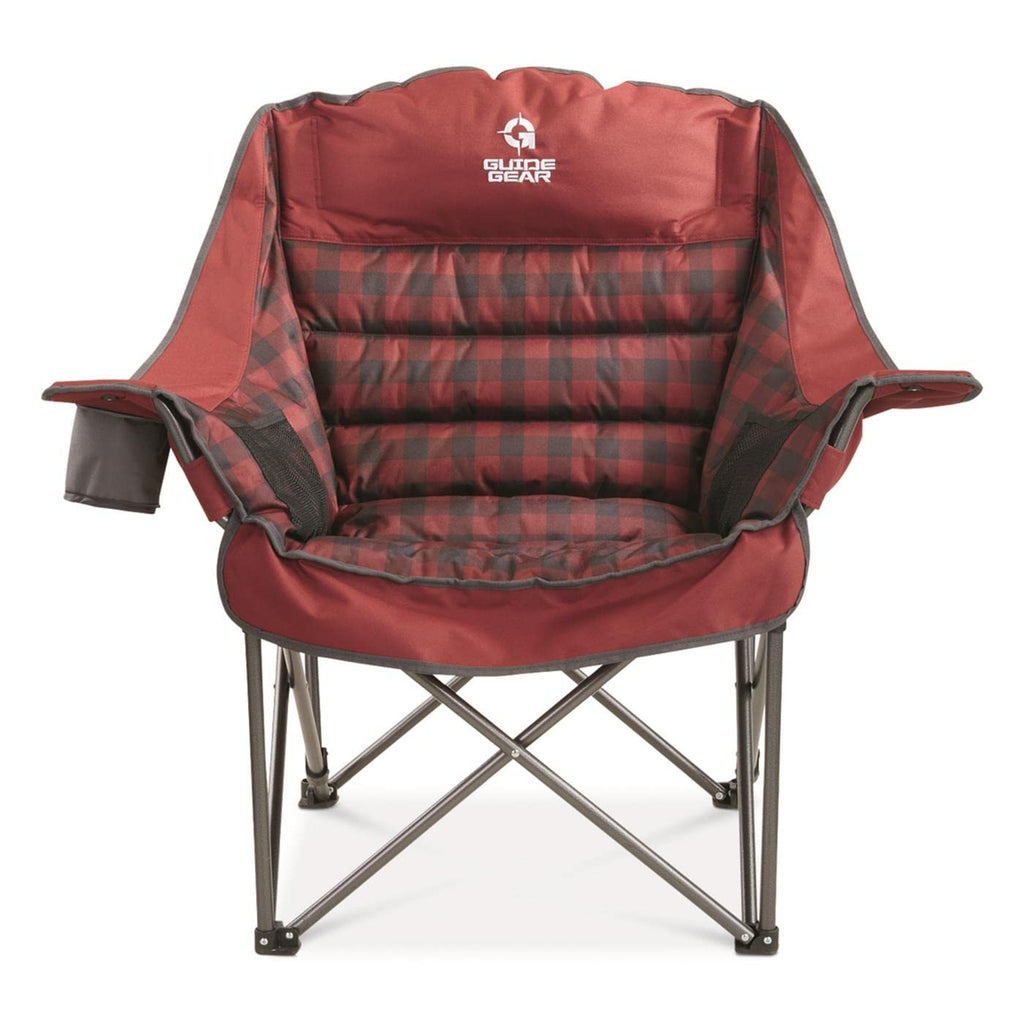 Guide Gear Oversized Extra Large Padded Camping Chair, Portable, Folding, Large Camp Lounge Chairs For Outdoor, Adults, Men And Women, Heavy-Duty 400 Pound Capacity, With Cup Holder Red Plaid