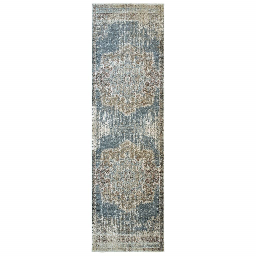 HomeRoots Polypropylene 2’x8’ Blue and Ivory Medallion Runner Rug