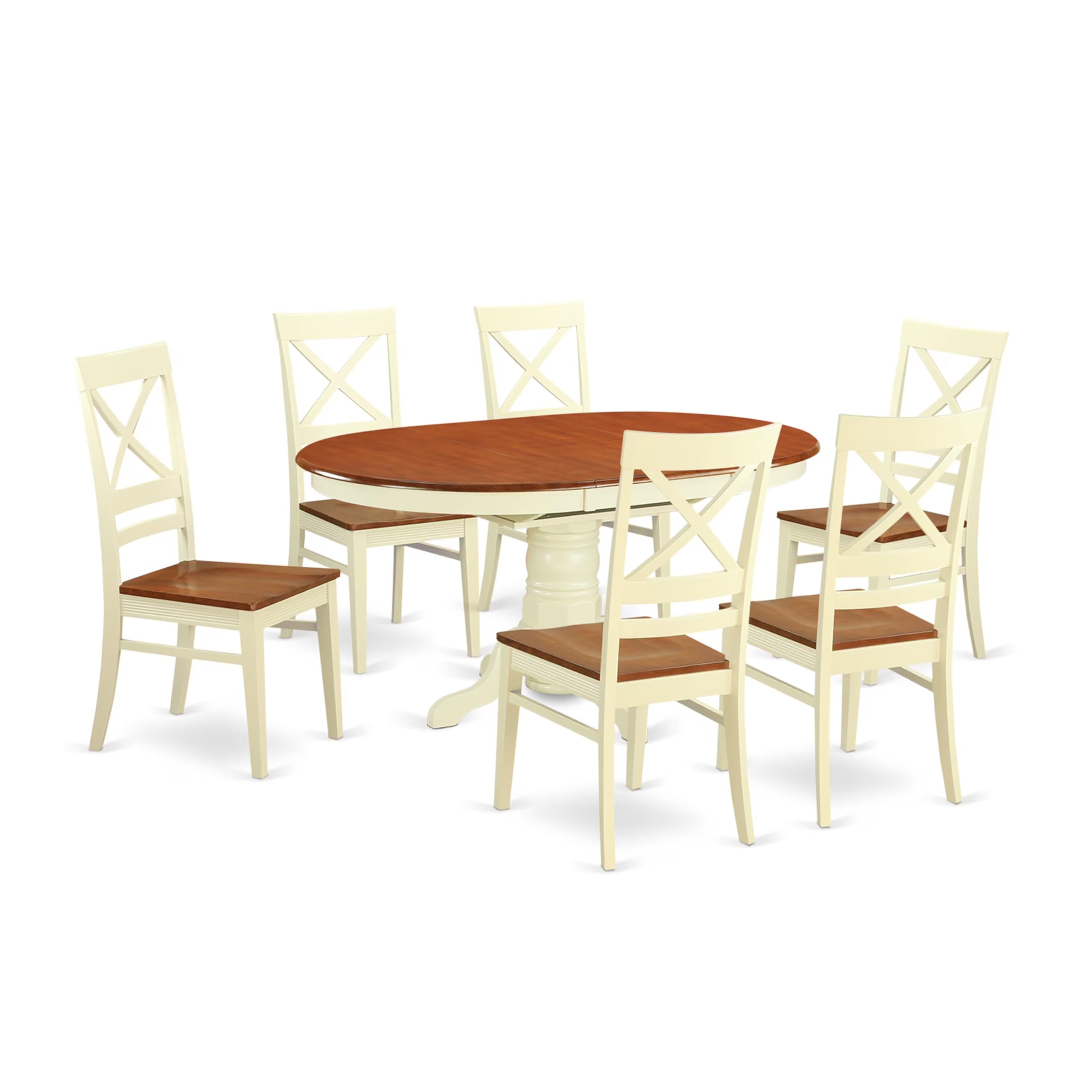 East West Furniture AVQU7-WHI-W Dining Room Table Set - 6 Great Kitchen Chairs with Wooden Seat - A Butterfly Leaf Pedestal Dining Table (Cherry & Buttermilk Finish)