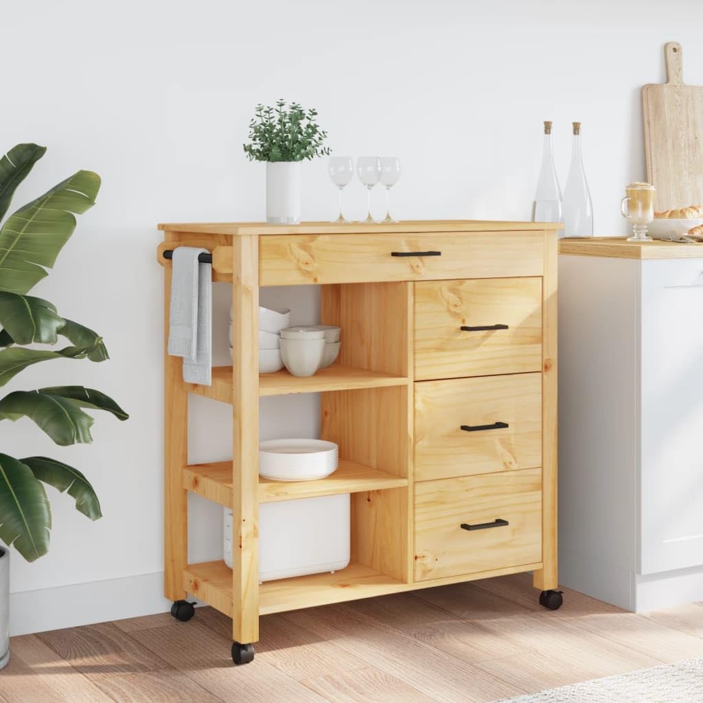 vidaXL Solid Wood Pine Kitchen Trolley Cart - Honey Wax Finish, Rolling Storage Organiser with Drawers/Shelves, 33.1" x 15.7" x 35.4"