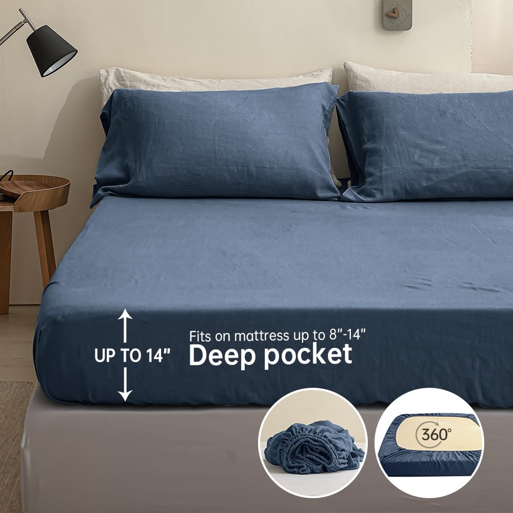 Simple&Opulence 100% Linen Sheet Set Solid Color-4 Pcs Washed French Linen Bed Sheets(1 Flat Sheet,1 Fitted Sheet,2 Pillowcases)