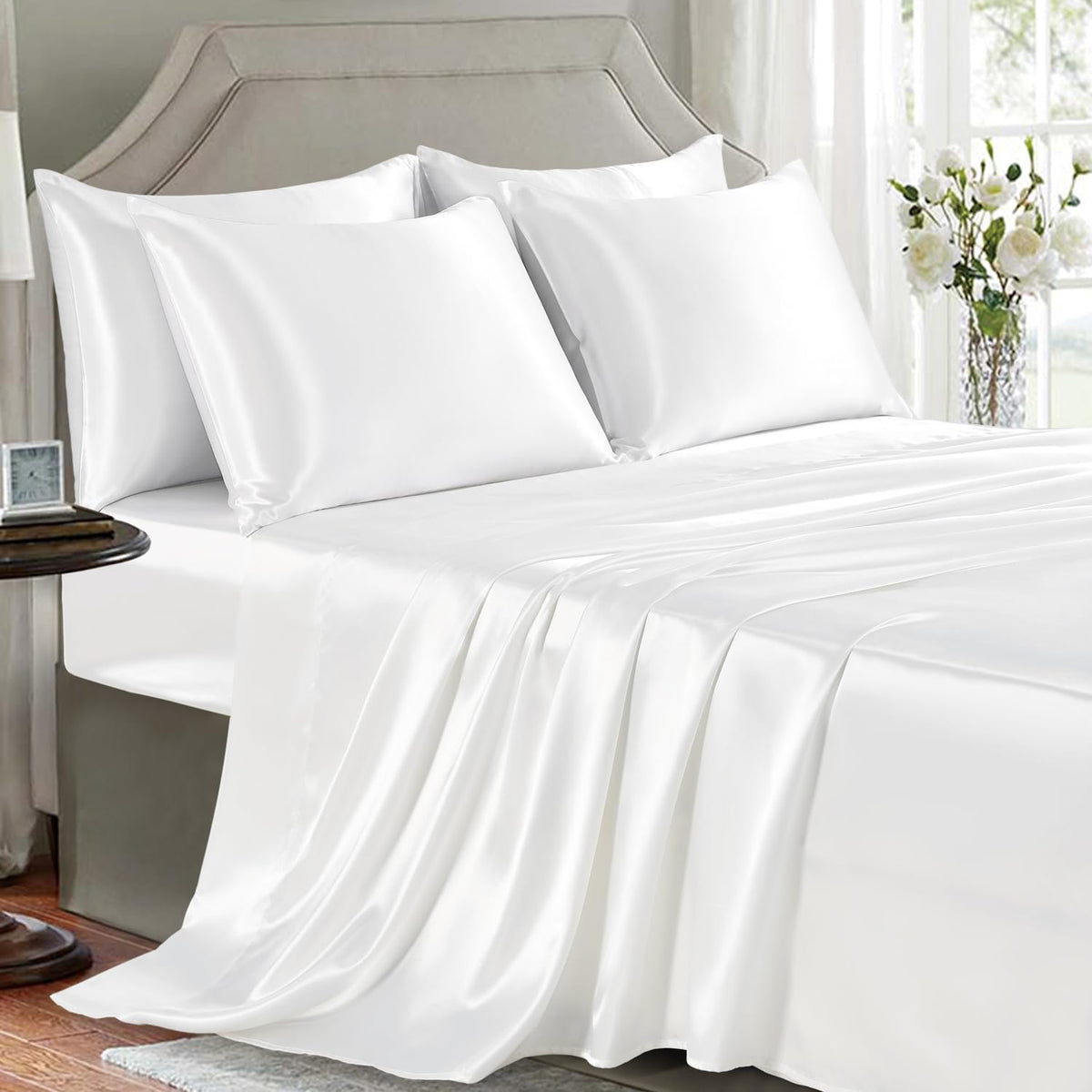 Golal Satin Sheets Full Size - 6 Pieces Luxury Silky Soft Bed Sheets, Wrinkle-Free White Satin Silk Sheet Set With 1 Deep Pocket