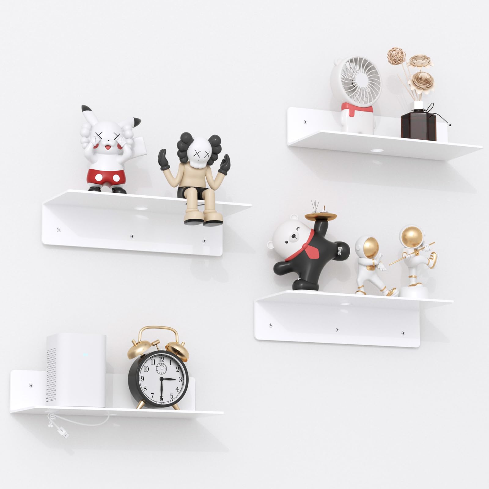 PuzFun 12 White Acrylic Floating Shelves, 4 Pack Wall Shelf with Cable Clips, Small Floating Shelf for Expand Wall Display Space