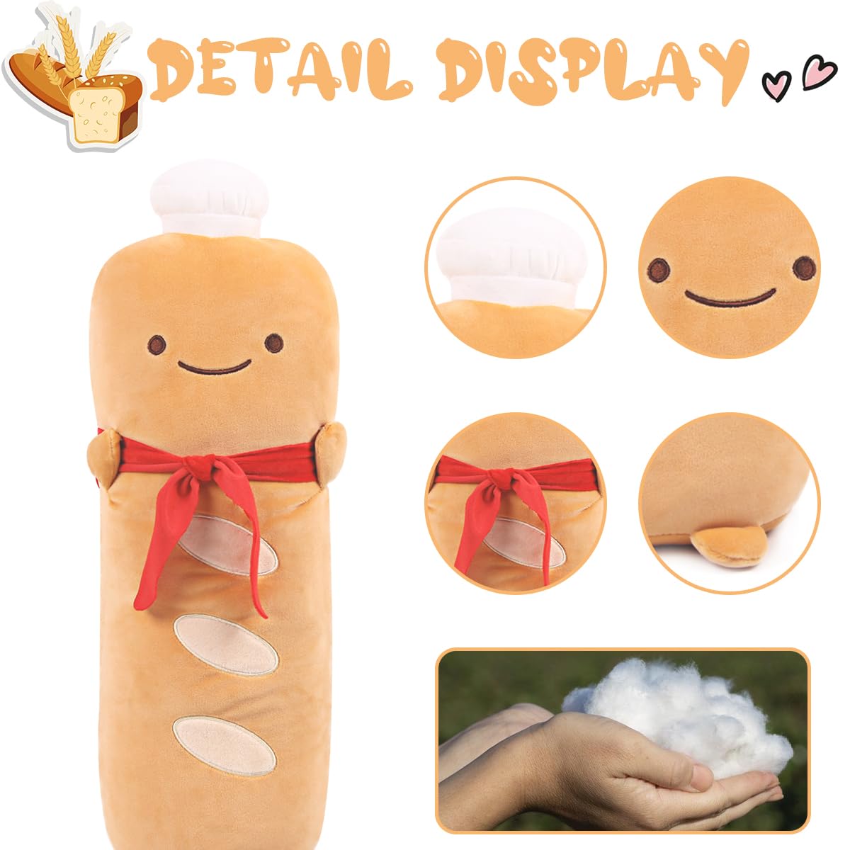 Arelux Funny 21.6In Toast Baguette Pillow,French Baguette Shape Plush Hugging Pillow With Red Scarf,Soft Toast Food Sofa Cushion