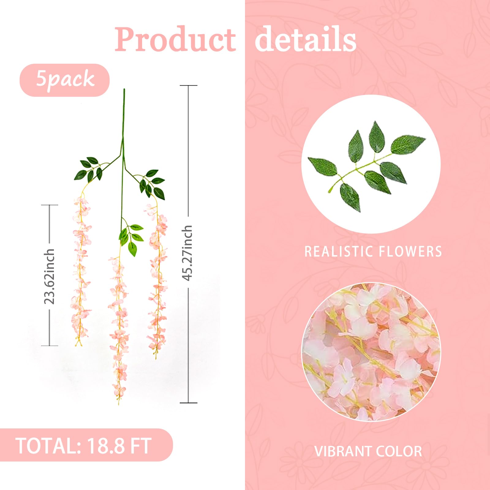 Light Pink Artificial Wisteria Flower Vines, 3.77 Feet Light Pink Wisteria Hanging Flowers Garland, 5 Pack Fake Light Pink Wiste