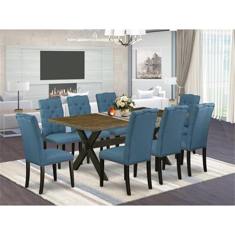 East West Furniture X677El121-9 9 Piece Modern Dining Table Set Includes A Rectangle Wooden Table With X-Legs And 8 Blue Linen Fabric Parson Dining Room Chairs, 40X72 Inch, Multi-Color