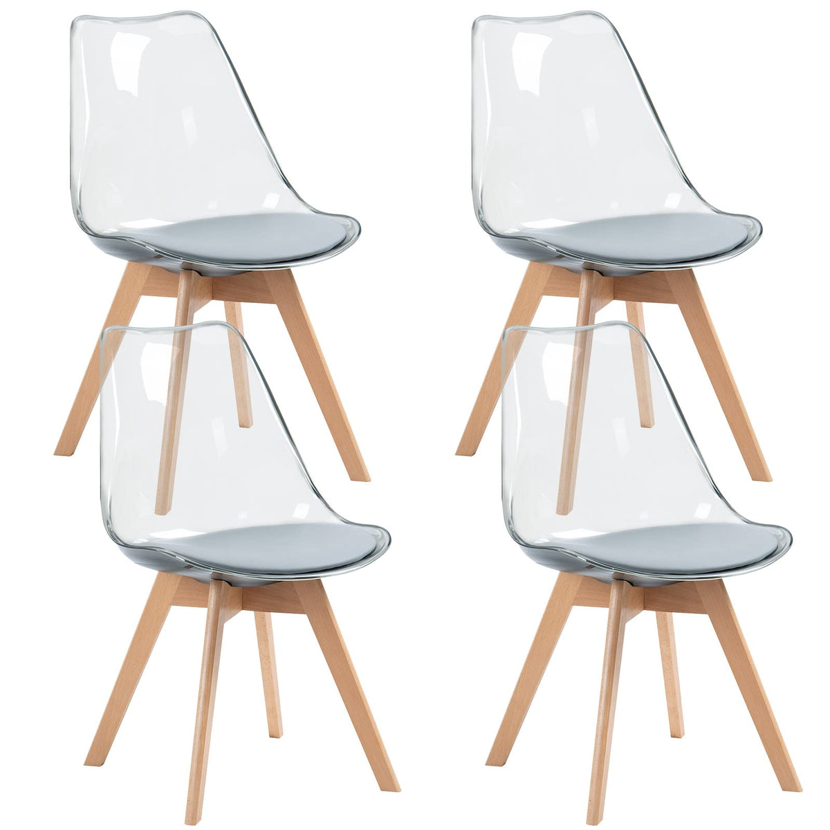 Anour Dining Chairs Set Of 4, Modern Kitchen Clear Acrylic Accent Dinner Chairs With Pu Leather Cushions Seat And Solid Beech Le