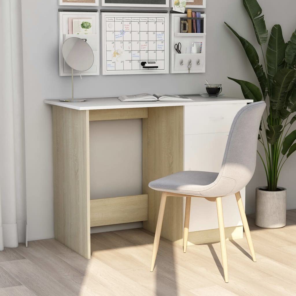 vidaXL Modern Desk with Drawer and Door, White and Sonoma Oak, Sturdy Engineered Wood, Ideal for Small Offices or Dorms
