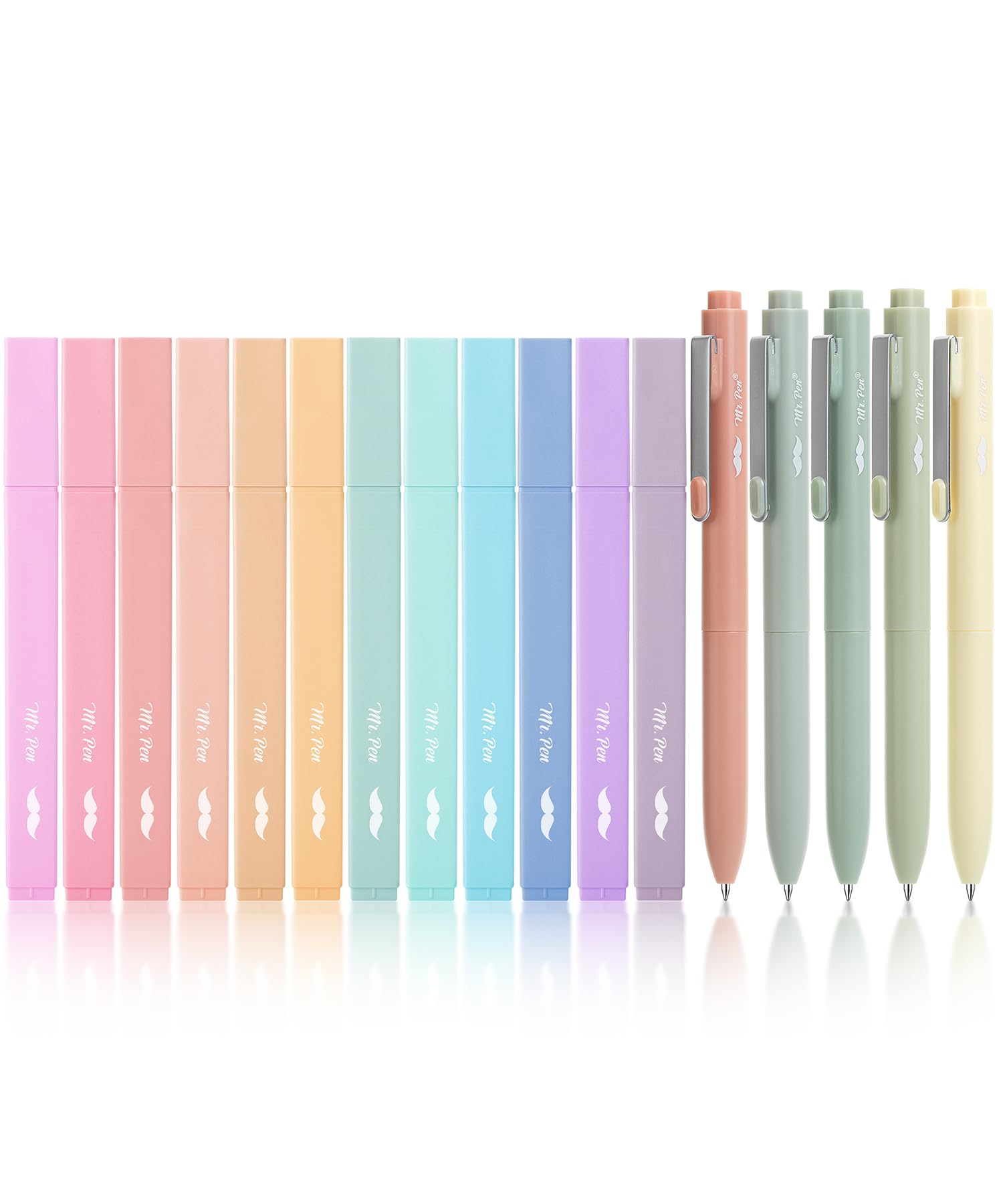 Mr. Pen- Aesthetic Highlighters And Gel Pens, 17 Pack, 12 Muted Pastel Highlighters No Bleed & 5 Black Ink 0.7Mm Aesthetic Gel P