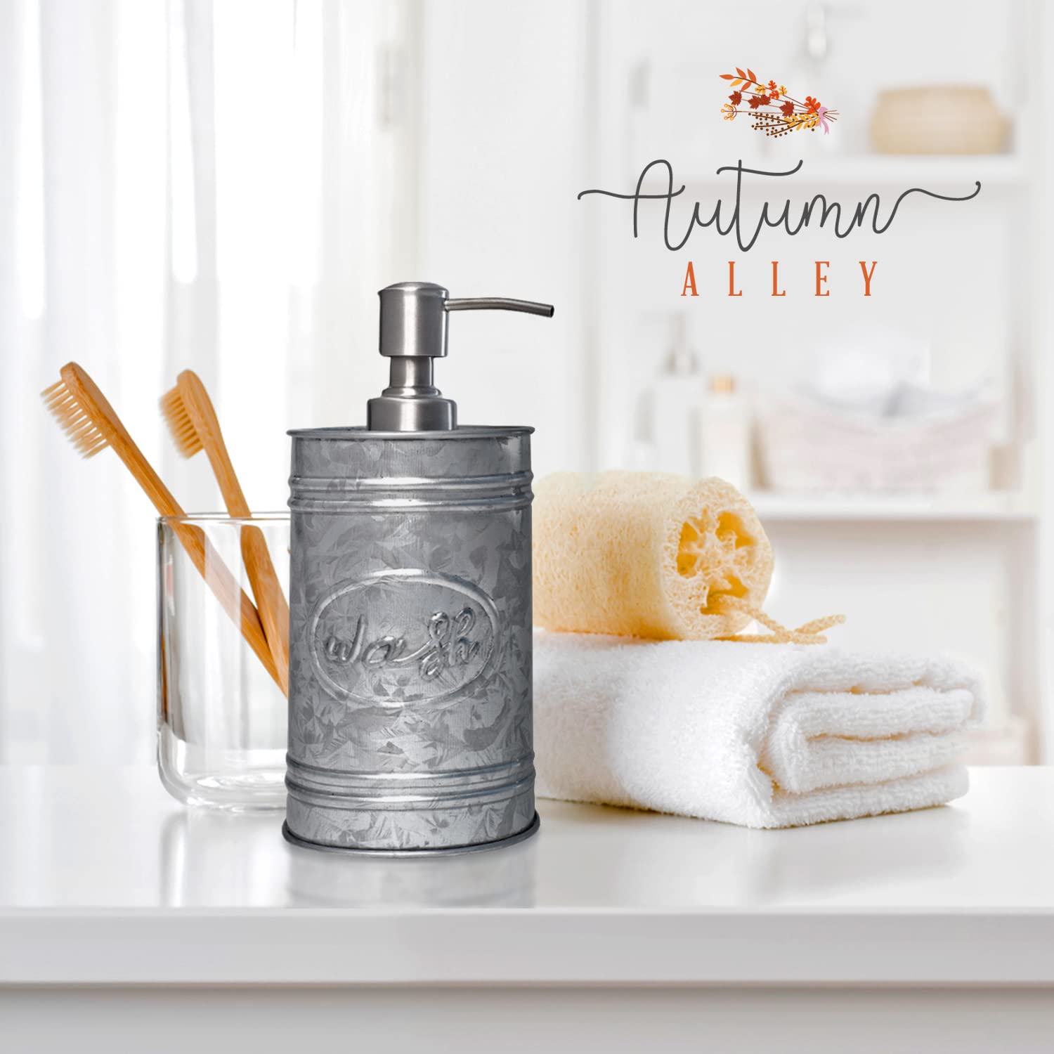 Autumn Alley Galvanized Farmhouse Soap Dispenser - 17.5 oz Rustic Bathroom Accessories with Stainless Steel Pump for Hand Wash & Lotion