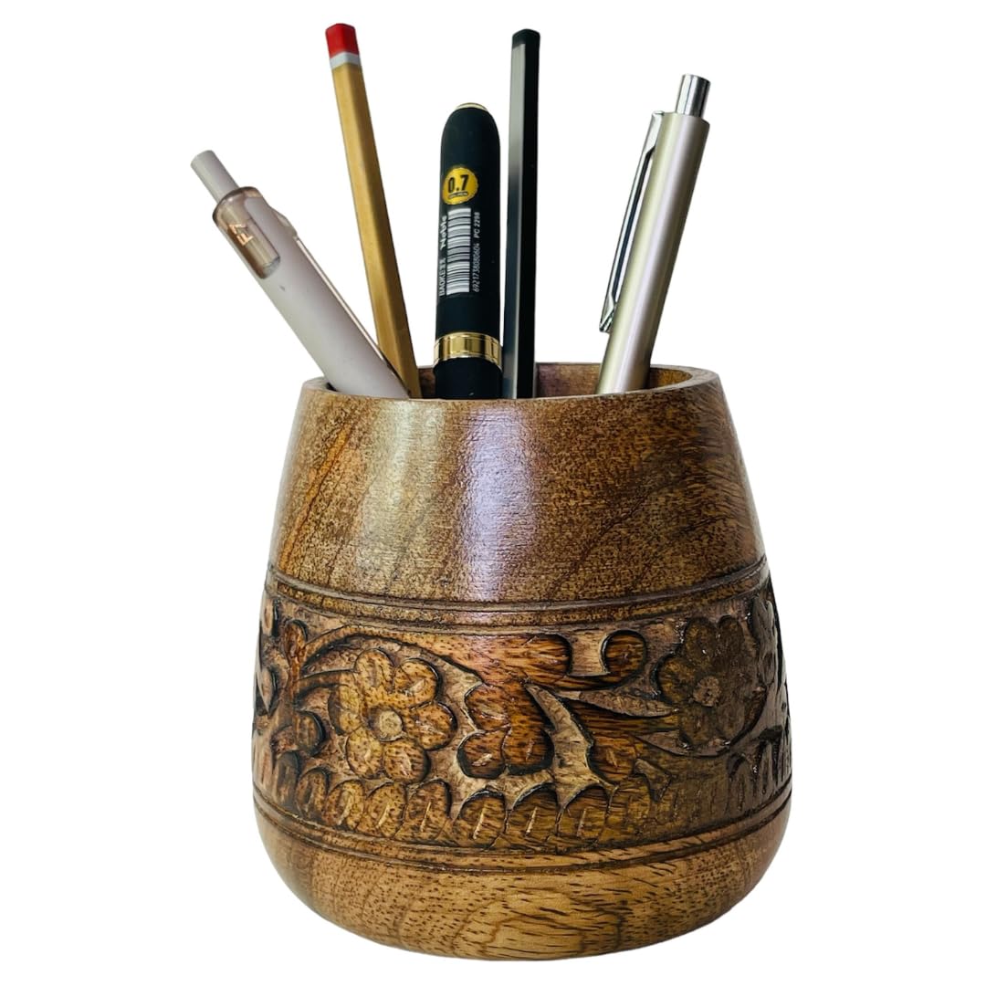 Mie Creations Designer Pencil Holder For Desk Wood | Paintbrush Cup, Desk Accessories, Cute Make Up Brush Organizers | Office De