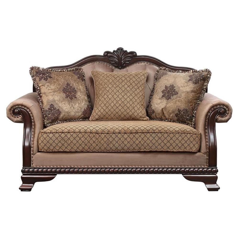 Acme Chateau De Ville Fabric Loveseat with 3 Pillows in Beige and Espresso