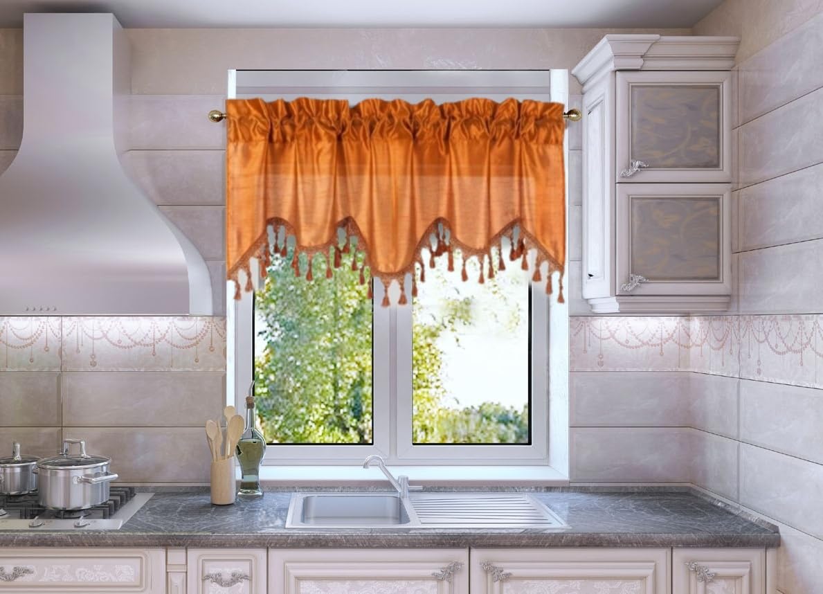 Solid Faux Silk Swag Waterfall Cascade Ascot Window Curtain Valance W/Tassels Trim 55' X18' Wave (1, Orange)