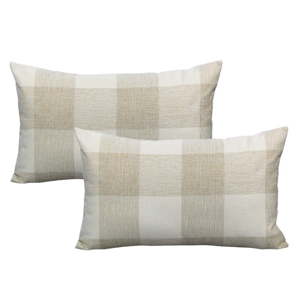 Vakado 12X20 Inch Farmhouse Throw Pillow Covers Beige White Buffalo Plaids Decorative Farm Retro Checkers Linen Lumbar Cushions
