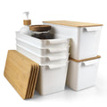 Storage Bins with Bamboo Lids 6 Pack Stackable Lidded Pantry Basket (White)