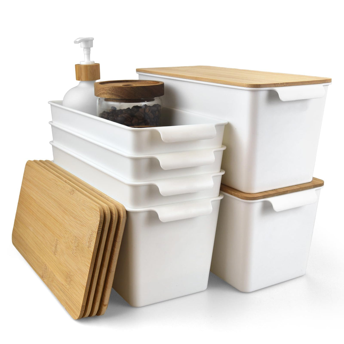 Storage Bins with Bamboo Lids 6 Pack Stackable Lidded Pantry Basket (White)