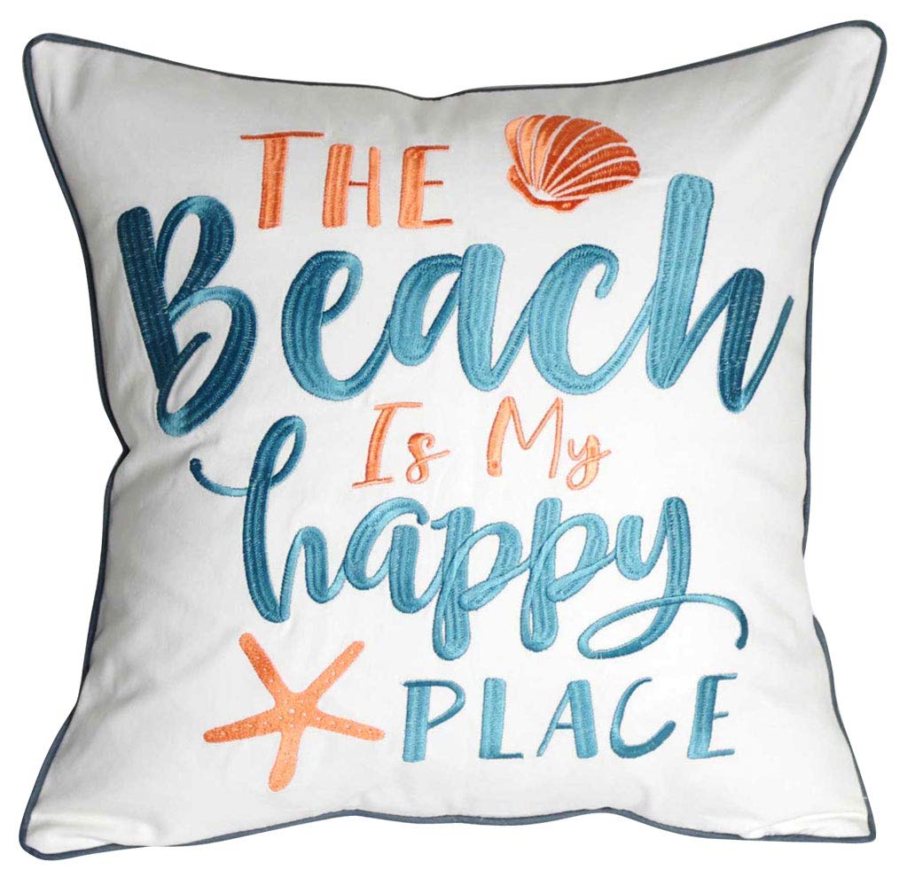 Decopow Embroidered The Beach Is My Happy Place Throw Pillow Cover,Square 18 Inches Decorative Canvas Pillow Cover With The Beac