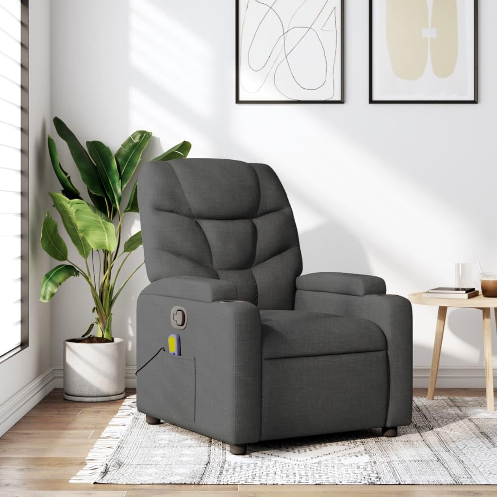 vidaXL Massage Recliner Chair - Manual, Vibrating, Dark Gray Fabric, Multi-Position, Foam Padded, Cup Holders, Solid Wood/Metal Frame for Office, Living Room, Bedroom