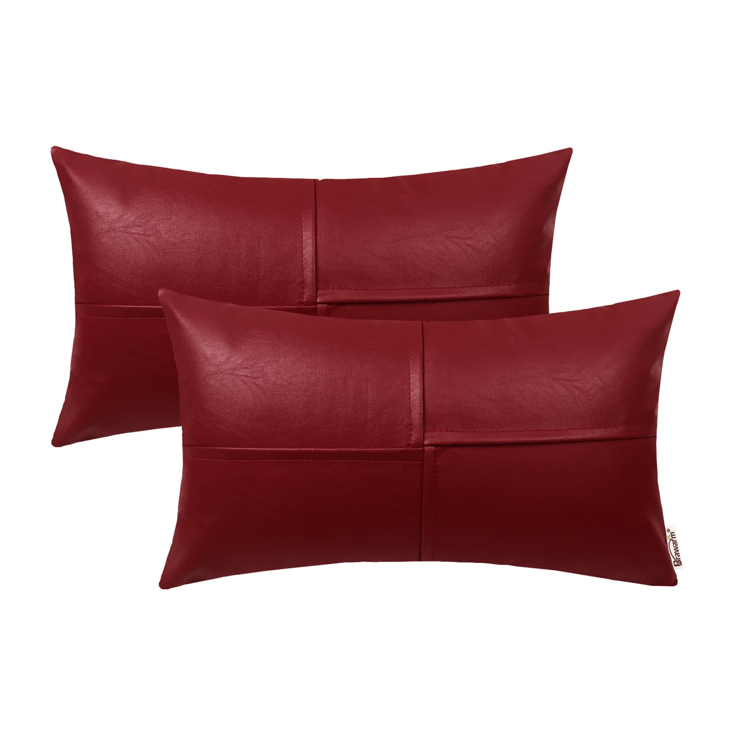 Brawarm Faux Leather Throw Pillow Covers 12 X 20 Inches, Deep Red Leather Lumbar Pillow Covers Pack Of 2, Hand Stitched Leather