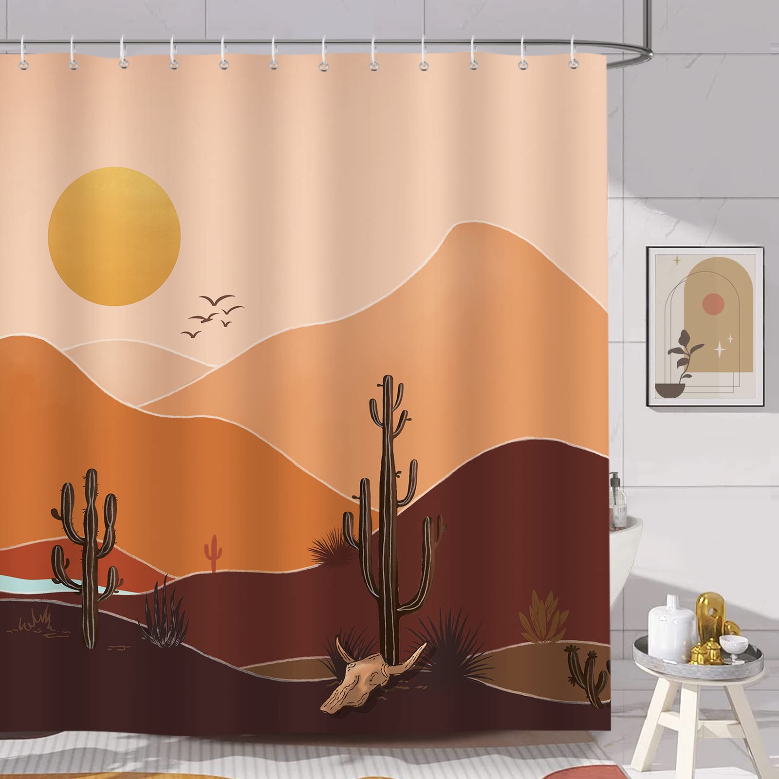 Bonhause Boho Mountain Cactus Shower Curtain, Mid Century Abstract Desert Sunset Brown Bathroom Curtain 72x72 Inch Polyester Wat