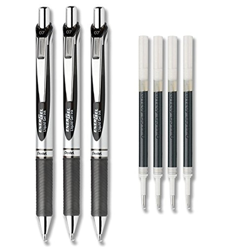 Pentel Energel Deluxe Rtx Liquid Gel Ink Pen Set Kit, Pack Of 3 With 4 Refills (Black - 0.7Mm)
