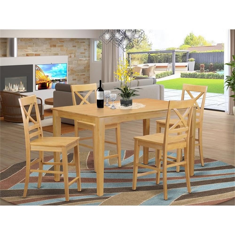 East West Furniture CAQU5H-OAK-W 5 Piece Kitchen Counter Height Dining Table Set Includes a Rectangle Dining Room Table and 4 Wooden Seat Chairs, 36x60 Inch, Oak