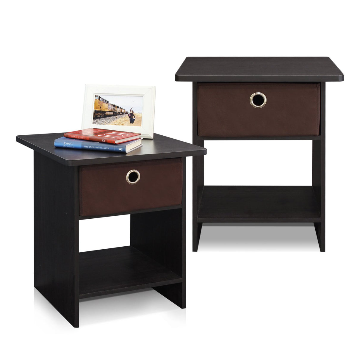 Furinno Dario End Table / Side Table / Night Stand / Bedside Table with Bin Drawer, 2-Pack, Espresso/Brown