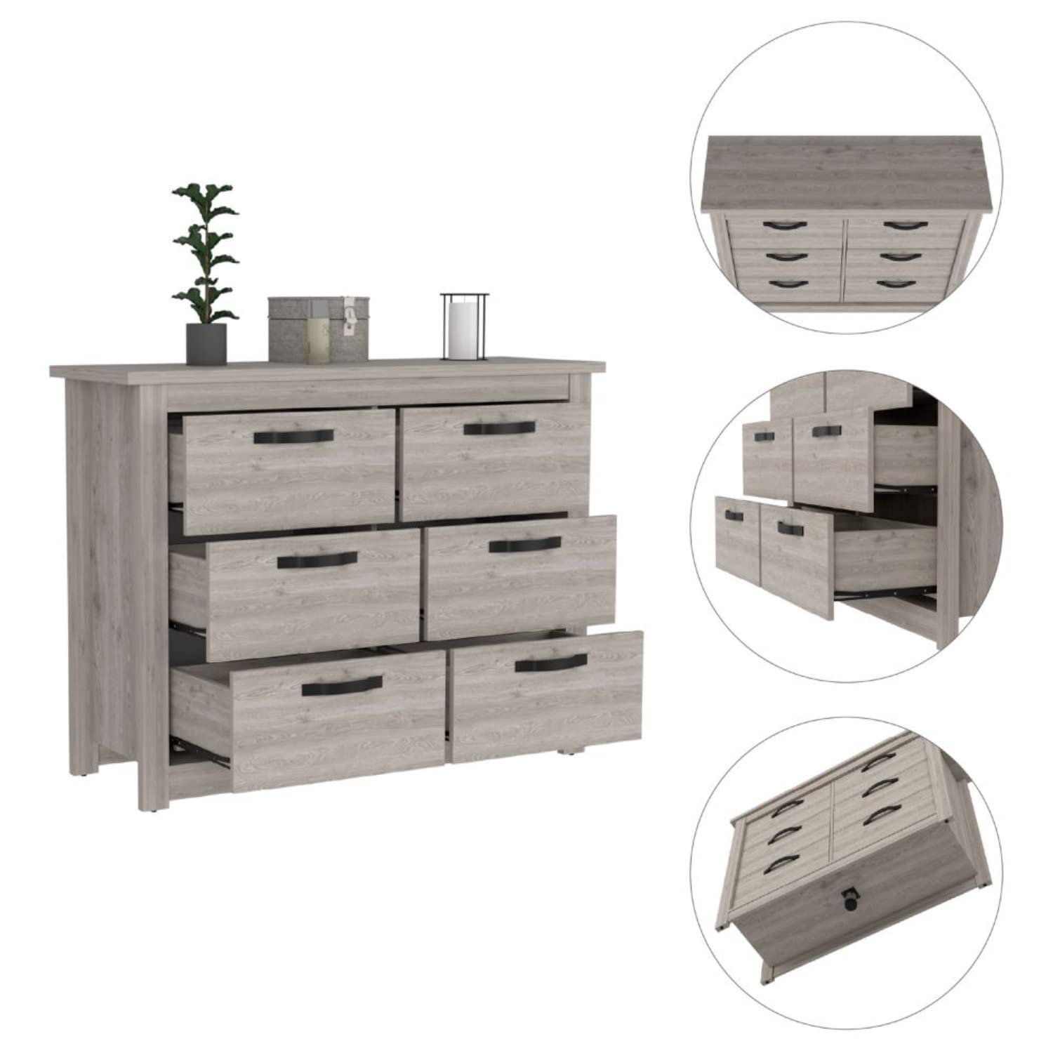 Galena 6 Drawer Double Dresser, 4 Legs, Superior Top, Metal Hardware, Light Gray