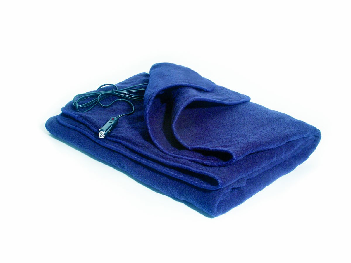 Maxsa 20013 Large Heated Travel Blanket For In-Vehicle Usage With 12-Volt Car Adapter And Safety Timer (41' X 57'), Navy Blue
