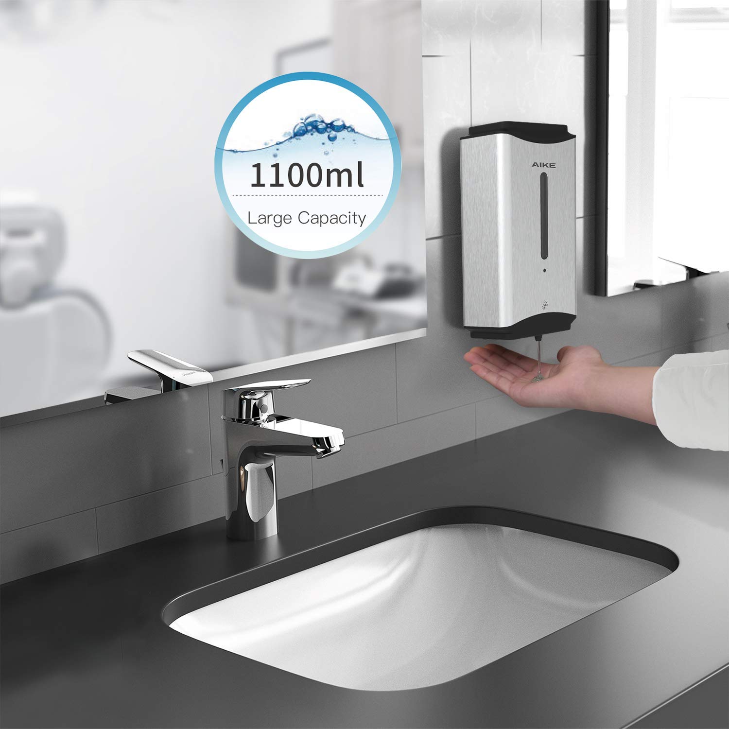 Aike Automatic Soap Dispenser Commercial Wall Mounted Liquid Dispenser Polished Stainless Steel Finish 1100Ml Large Capacity
