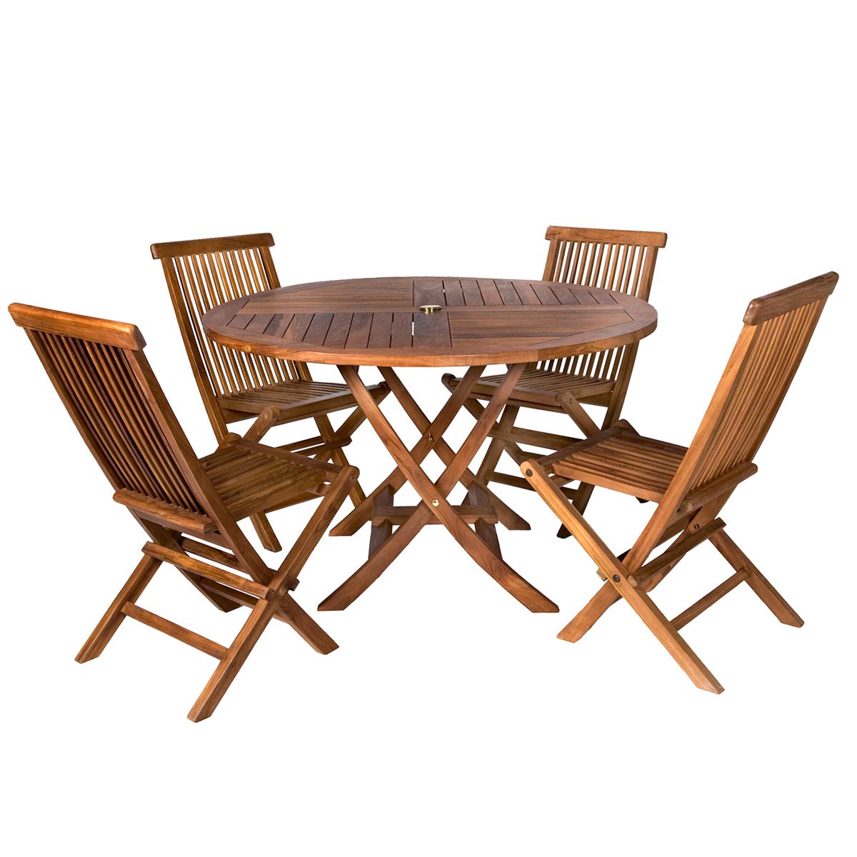 All Things Cedar TT5P-R-B 5-Piece Teak Round Patio Table and 4 Folding Chairs Dining Set for Outdoor and Indoor Events | Weather-Resistant | Backyard Furniture with Umbrella Hole | Blue Cushions