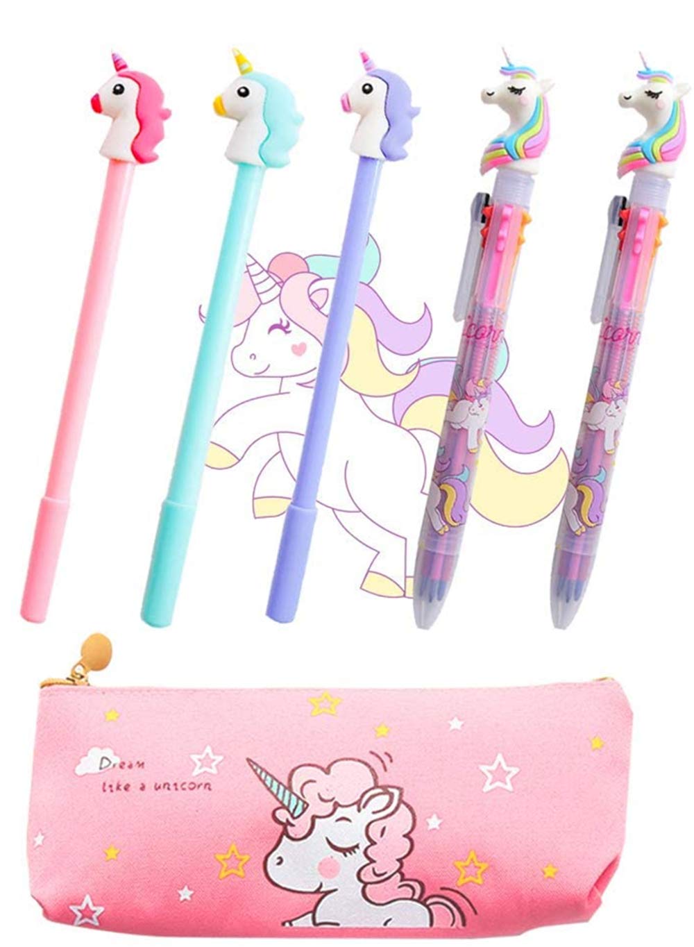 Jevenis Set Of 5 Unicorn Pens Unicorn Pen Set Unicorn Ballpoint Pens Unicorn Pencil Pouch Bags For Party Office Gift