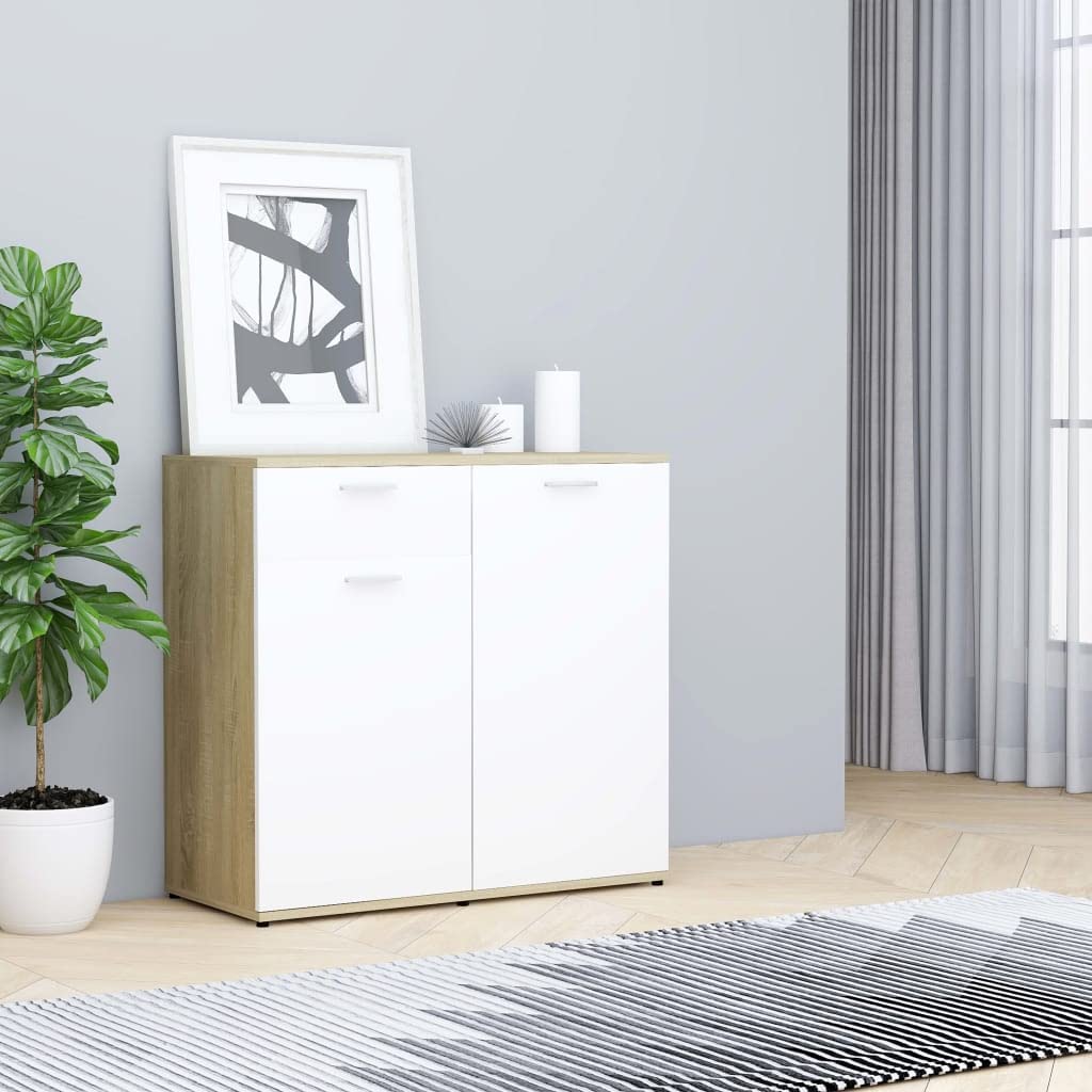 vidaXL Sideboard, Sideboard Cabinet Commode, Storage Sideboard with 2 Doors, Storage Side Cabinet, Scandinavian, White and Sonoma Oak Engineered Wood
