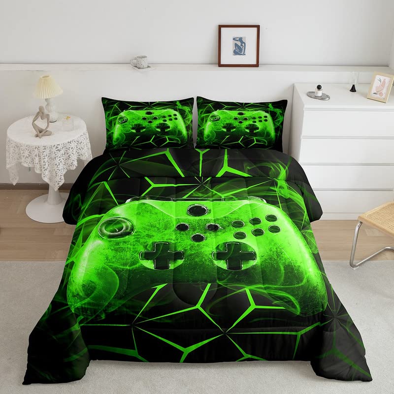 Feelyou Gaming Comforter Set Kids Gamer Video Games Comforter For Boys Teens Modern Game Controller Bedding Set Breathable Green