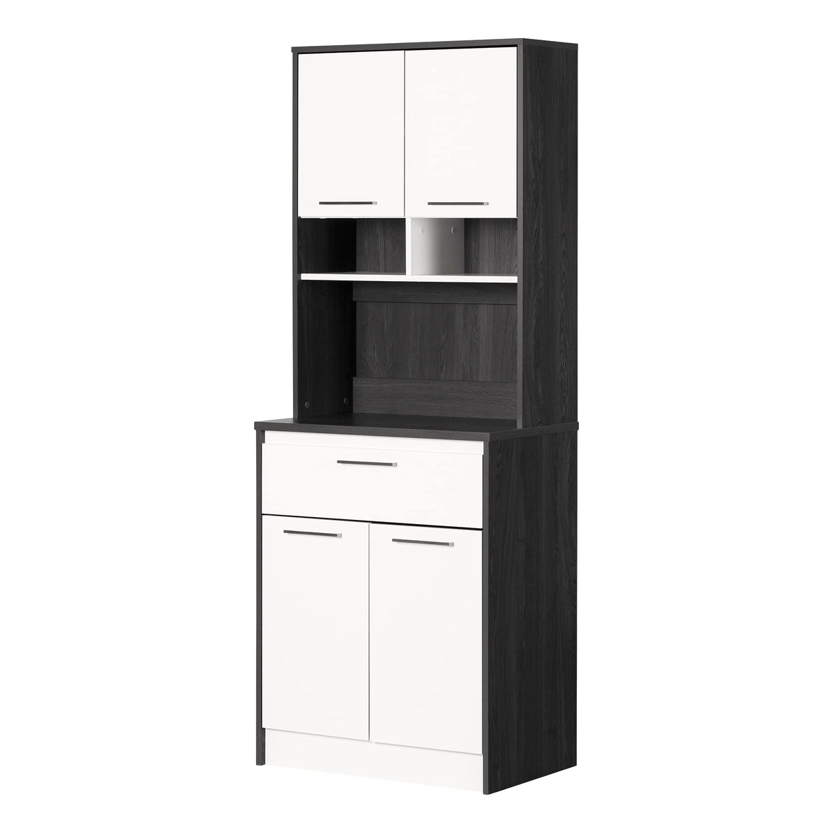 South Shore Myro Pantry Cabinet With Microwave Hutch, Gray Oak And White