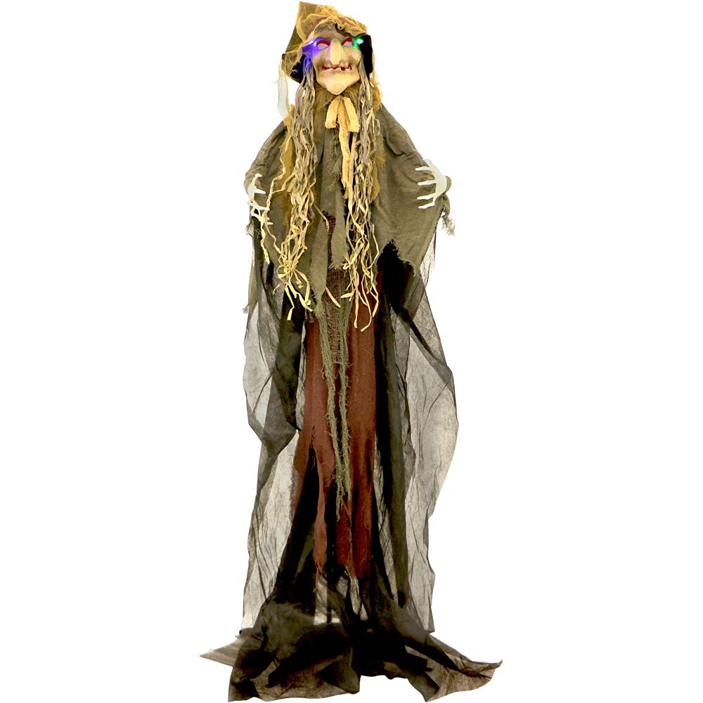 Haunted Hill Farm Life-Size Scary Poseable Scarecrow Witch Prop With Touch Activated Lights And Sound, Battery-Operated Indoor/