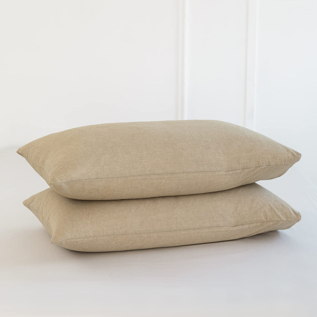 Moomee Bedding Pillowcases Pack Of 2 100% Washed Cotton Linen Like Textured Breathable Durable Soft Comfy (Khaki, King)