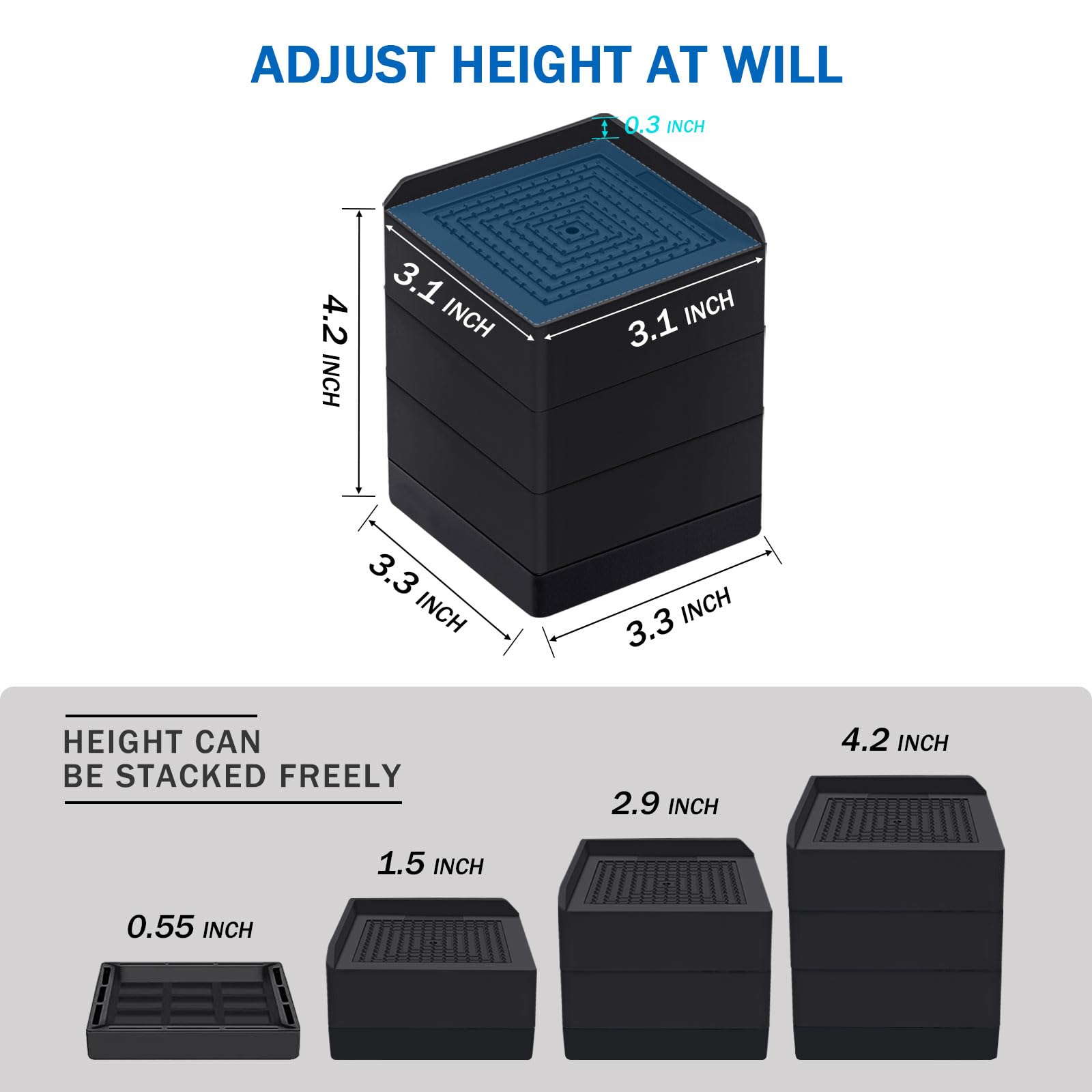 Annkut Bed Risers 4 Inch Heavy Duty, Furniture Risers For Desk Table Sofa Couch Lifts To 1.5?3 Or 4 In, Square Adjustable Risers