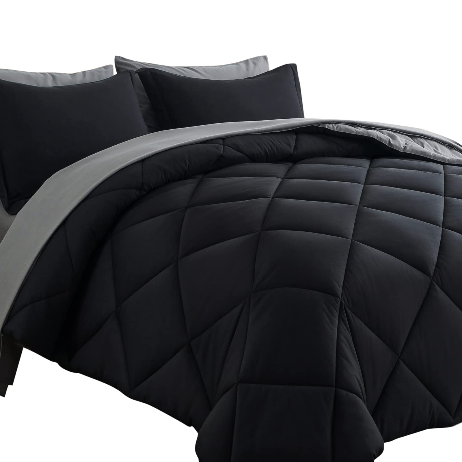 Cosybay Bed In A Bag Full Reversible Comforter Sets 7Pcs All Season Down Alternative Bedding Sets Black And Grey With Comforter,