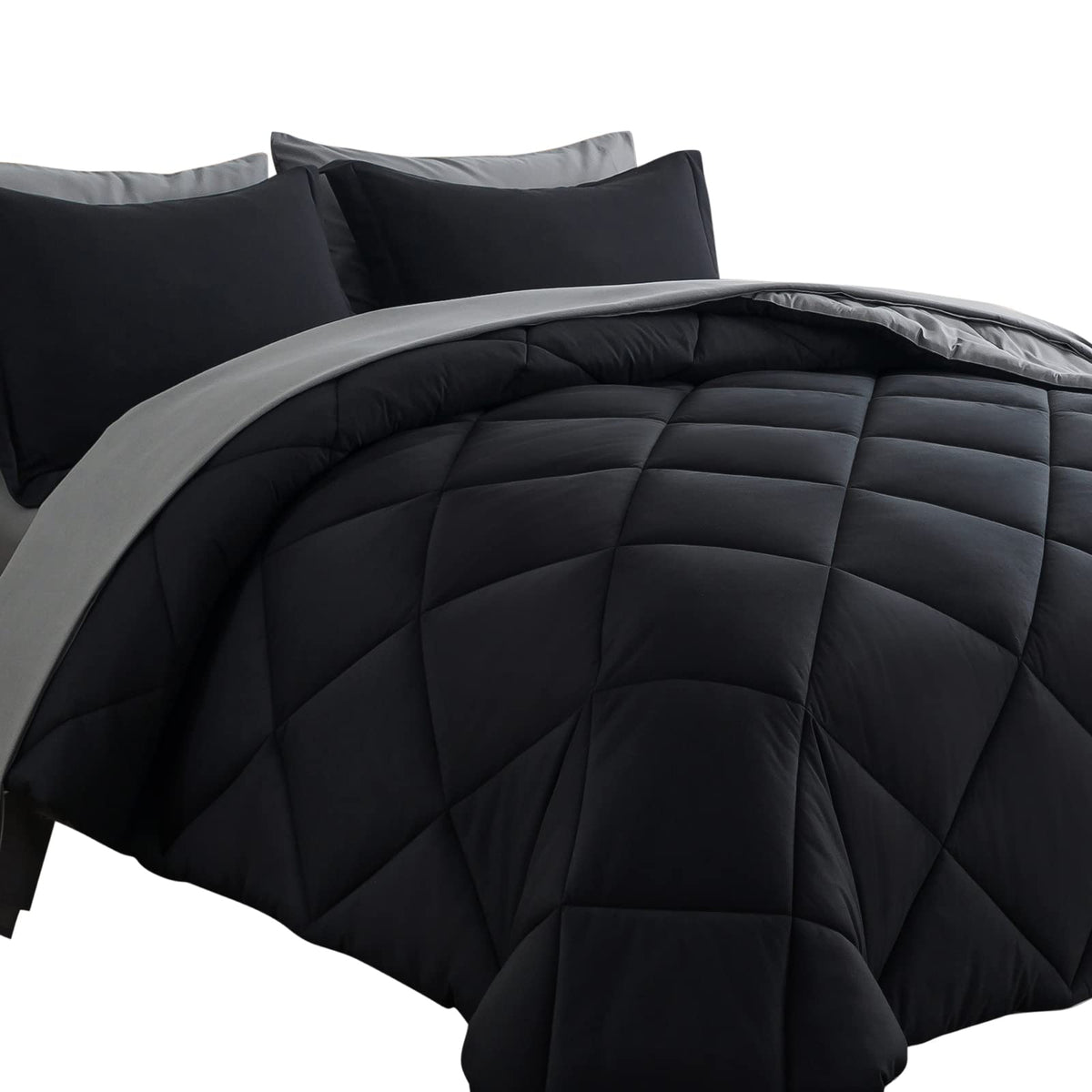 Cosybay Bed In A Bag King Reversible Comforter Sets 7Pcs All Season Down Alternative Bedding Sets Black And Grey With Comforter,