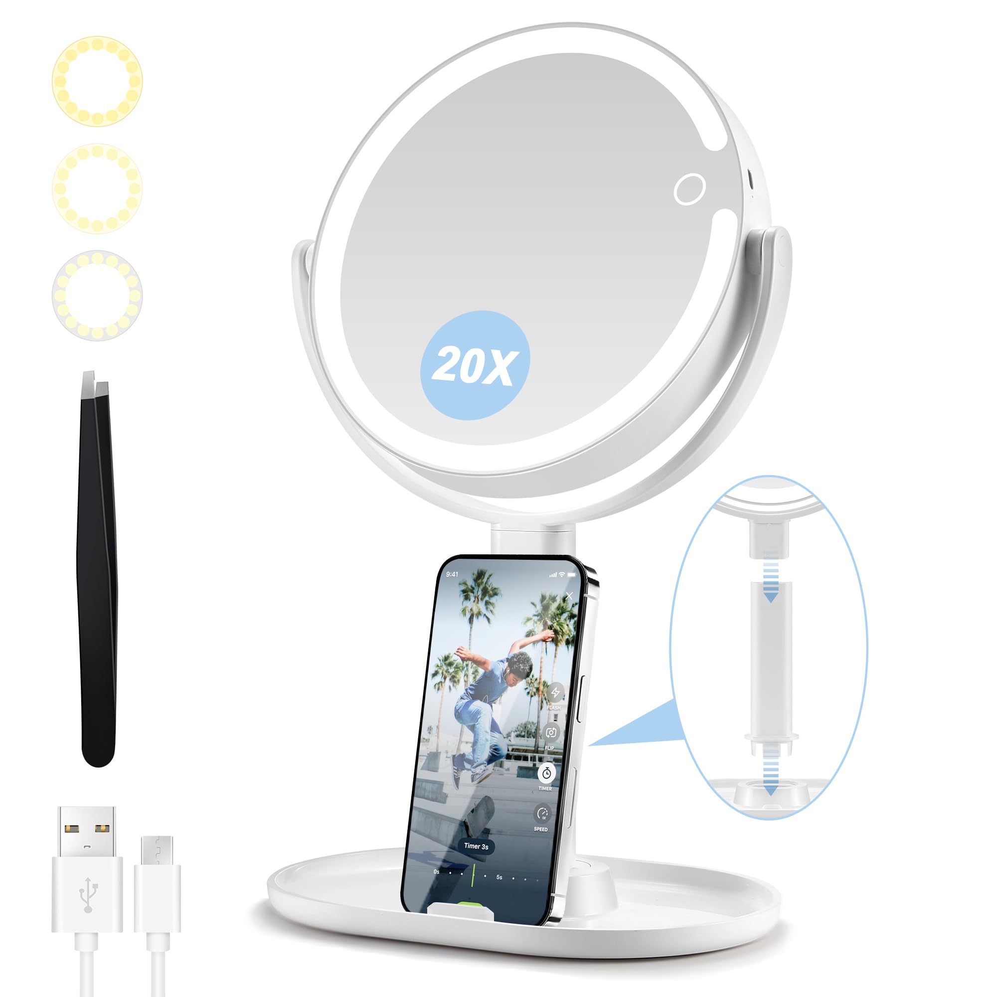 MIYADIVA Rechargeable 20X Magnifying Mirror with Light, Lighted Makeup Mirror with 20X/1X Magnification, 3 Colors Light and Adju