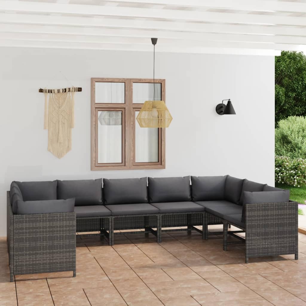 vidaXL Patio Lounge Set 9 Piece, Sectional Sofa for Outdoor, Patio Furniture with Cushions, Corner Sofa, Farmhouse Modern Style, Poly Rattan Gray