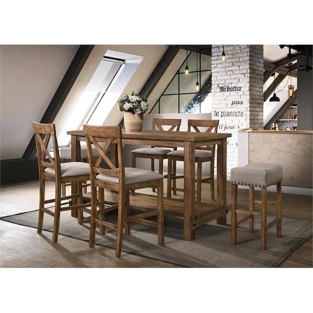 Acme Martha II Counter Height Stool in Tan Linen and Weathered Oak (Set of 2)