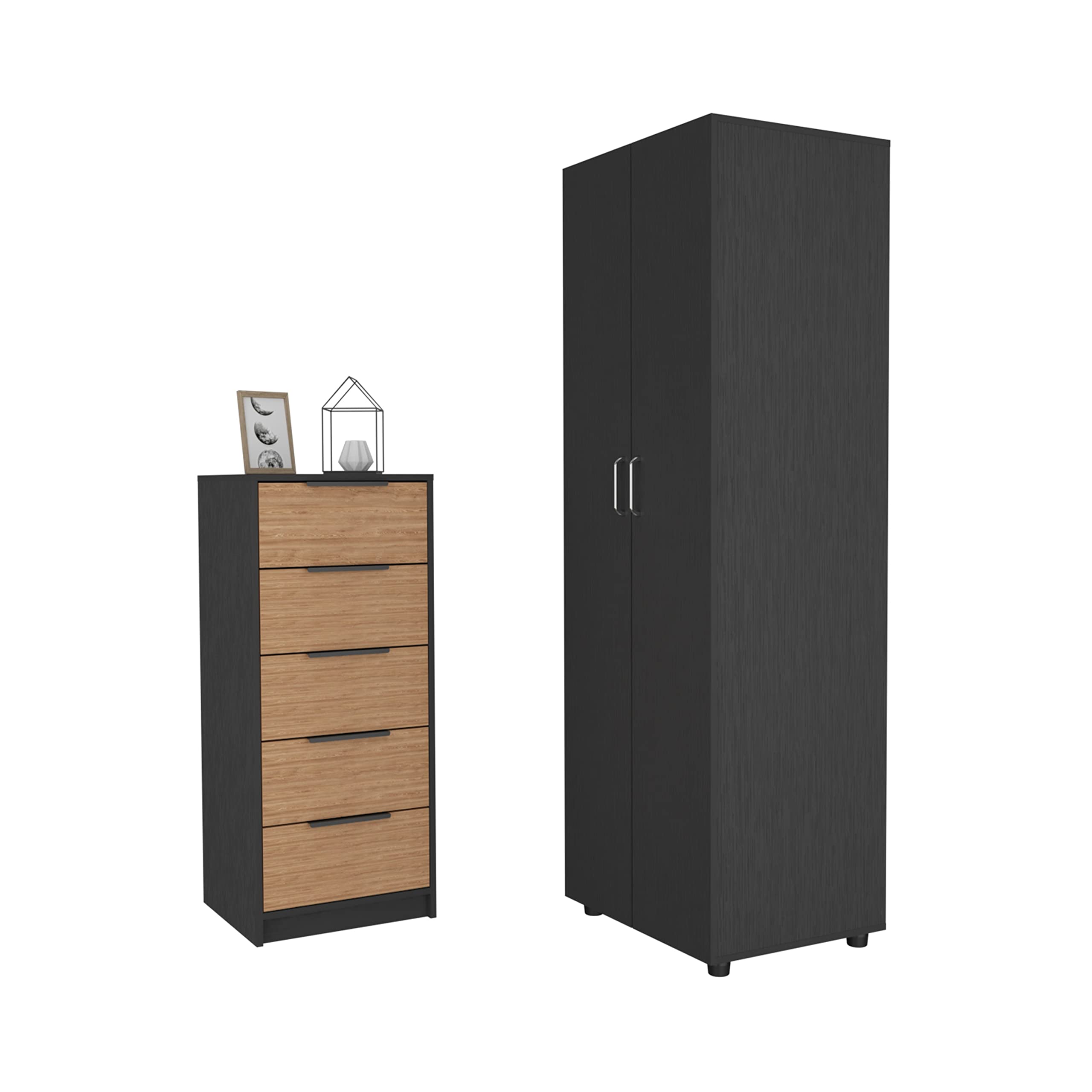 Paxon 2 Piece Bedroom Set, Armoire + Drawer Dresser, Black/Light Oak