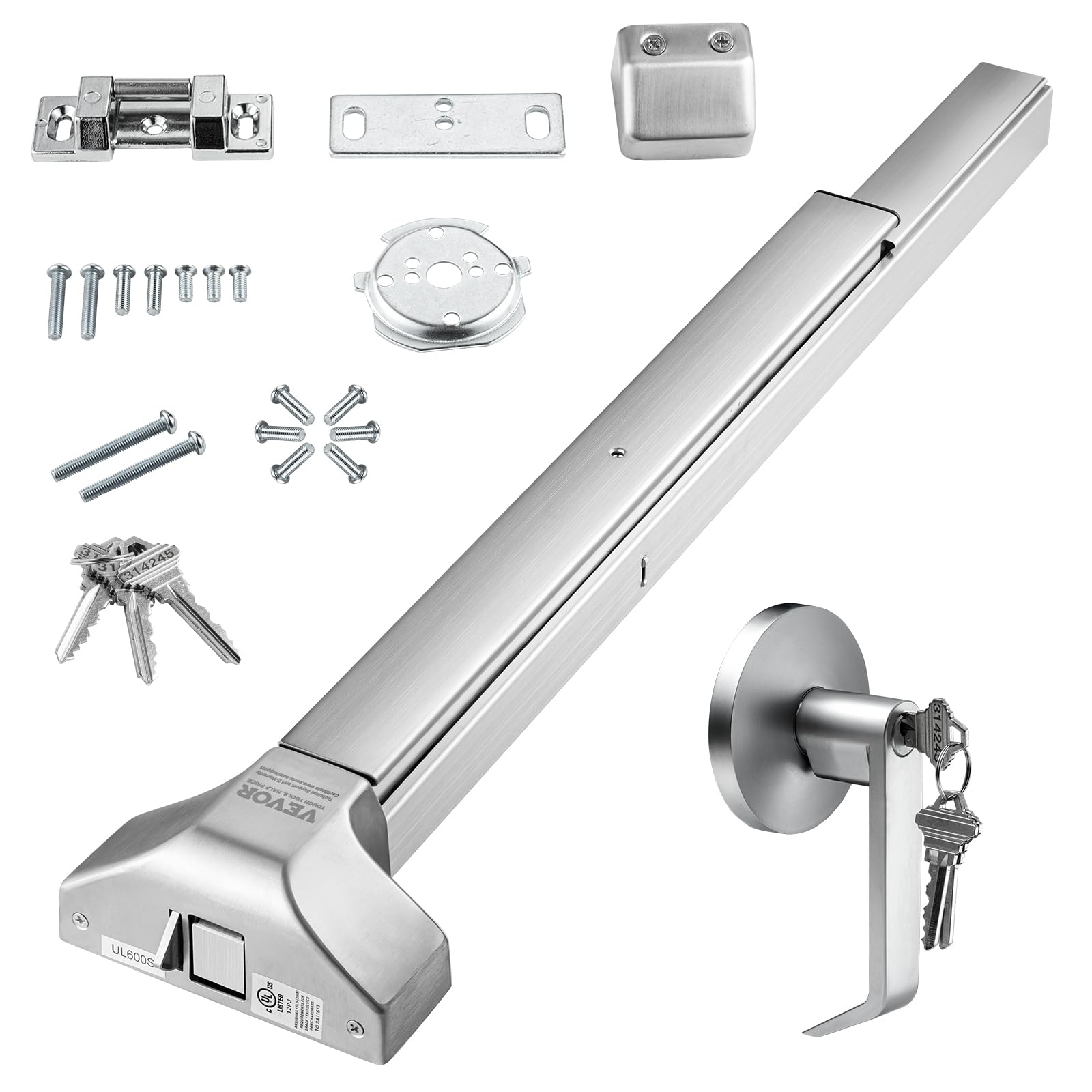 VEVOR Push Bar Door Locks, Stainless Steel Panic Bars for Exit Doors, with Exterior Lever and 3 Keys, Push Bar Panic Exit Device
