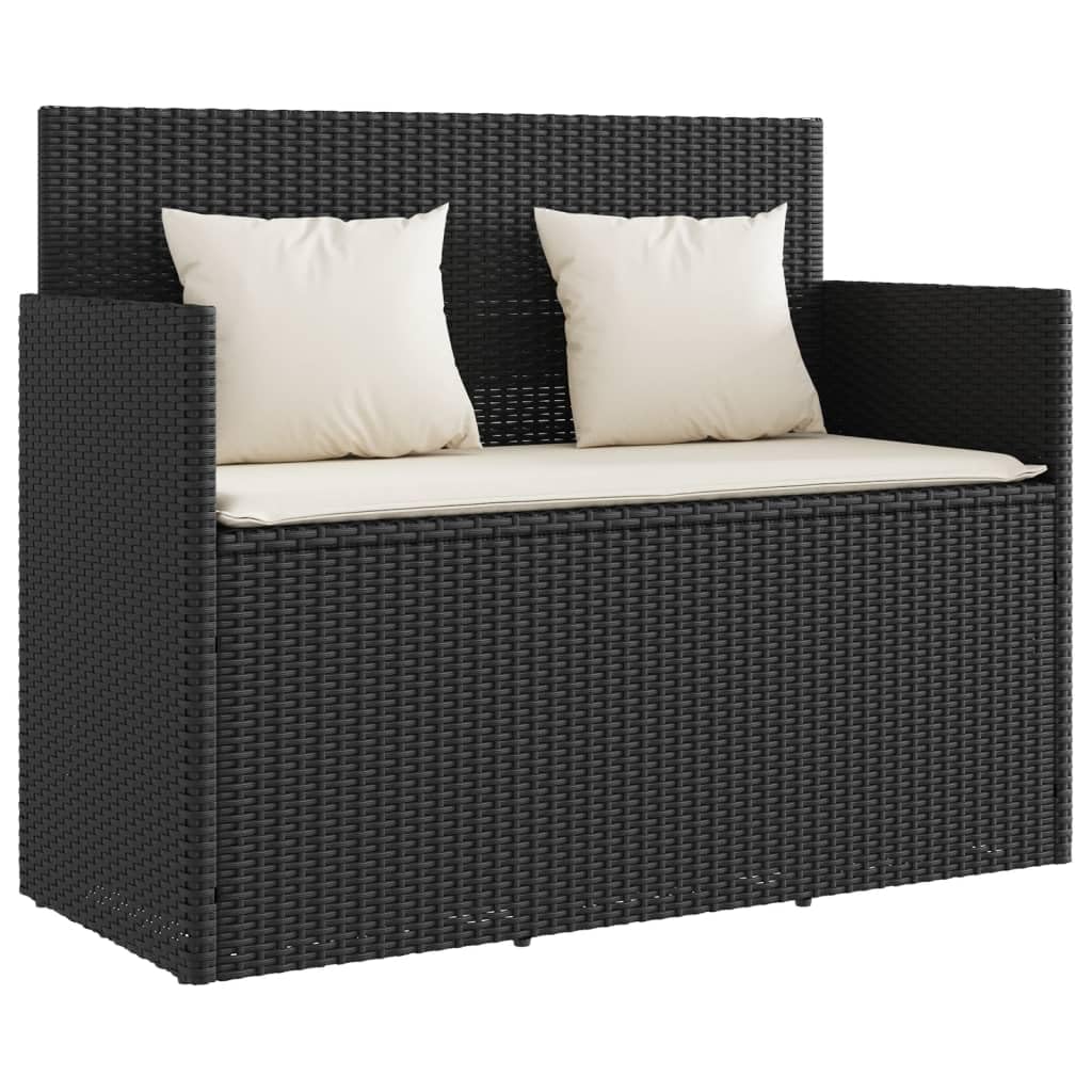 vidaXL Outdoor Loveseat Patio Bench with Cushion and Storage - Black Poly Rattan, Water-Resistant Bag, Comfort Seating for Garden/Deck